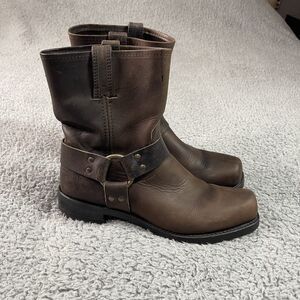 Frye Harness 12R Boots Mens 9 M Brown Leather USA Made Biker Pull On Square Toe